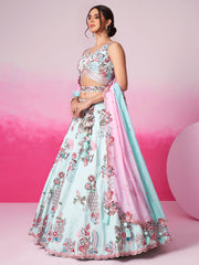 Turquoise blue Pure Silk Zarkan, Mirror and Sequin embroidery Semi-Stitched Lehenga choli and Dupatta