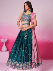 Teal Pure Georgette Sequin embroidery Semi-Stitched Lehenga choli and Dupatta