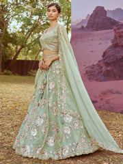 Lime Green Organza Sequins embroidery Semi-Stitched Lehenga choli & Dupatta