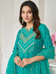 Women Green Ethnic Motifs Embroidered Regular Thread Work Chanderi Cotton Kurta with Trousers & With Dupatta