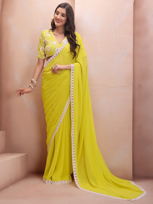 Yellow & White Embroidered Border Saree