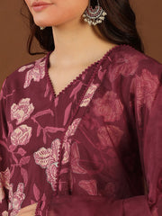 Maroon Floral Printed V-Neck Straight Kurta with Trousers & With Dupatta