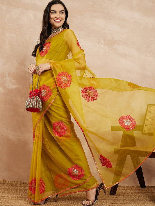 Yellow Floral Embroidered Sequinned Organza Saree