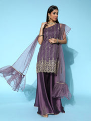 Women Purple Floral Net Ethereal Embroidery Kurta Set