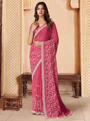 Pink Floral Thread and Sequins Embroidered Saree