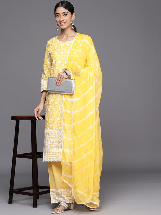 Floral Embroidered Regular Chikankari Kurta With Palazzos & Dupatta