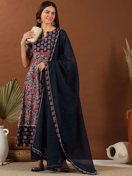 Women Navy Blue Paisley Printed Regular Gotta Patti Kurta with Trousers & With Dupatta