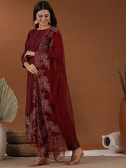 Maroon Floral Zari Embroidered Kurta With Trouser & Dupatta