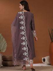 Mauve Notched Neck Thread Work A-Line Kurta with Trousers & With Dupatta