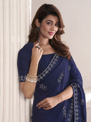 Navy Blue Embellished Beads and Stones Satin Saree