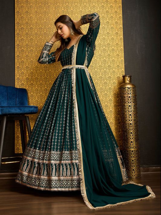 Green Golden Foil Printed Anarkali Gown With Dupatta