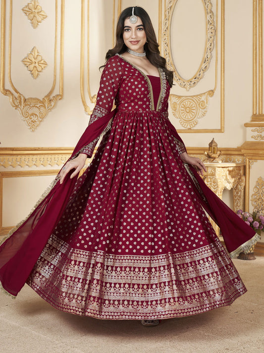 Red Metallic Foil Work Embellished Anarkali Gown And Dupatta