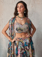 Chinnon Printed Khatli Work Blouse Sharara Cape Set