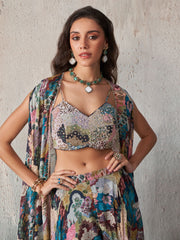 Chinnon Printed Khatli Work Blouse Sharara Cape Set