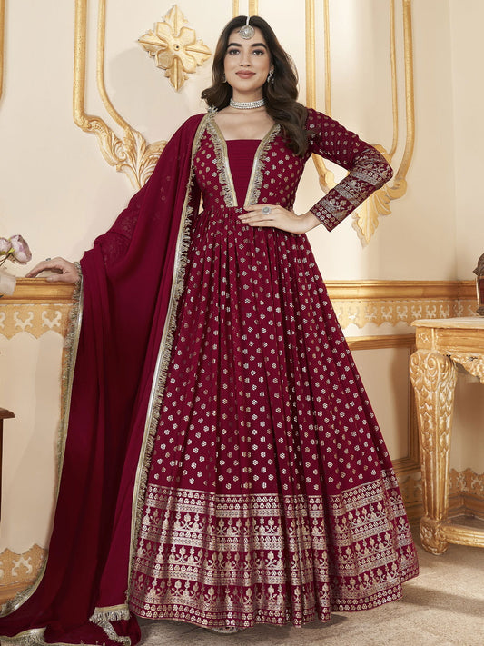 Red Metallic Foil Work Embellished Anarkali Gown And Dupatta