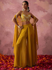 Yellow Khatli Work Georgette Indo Western Cape Set