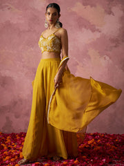 Yellow Khatli Work Georgette Indo Western Cape Set