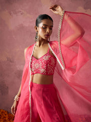 Hot Pink Khatli Work Georgette Indo Western Cape Set