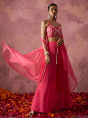 Hot Pink Khatli Work Georgette Indo Western Cape Set