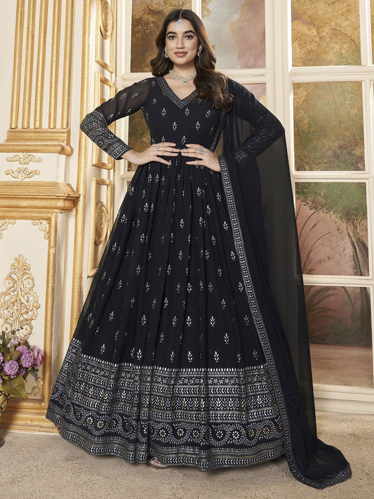 Navy Blue Metallic Foil Work Embellished Anarkali Gown And Dupatta