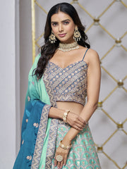 Turquoise Embroidered Chinon Mehndi Lehenga Choli