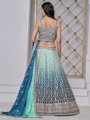 Turquoise Embroidered Chinon Mehndi Lehenga Choli