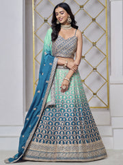 Turquoise Embroidered Chinon Mehndi Lehenga Choli