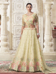 Lemon Premium Net Lehenga Choli with Embroidered Thread Work