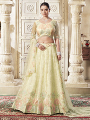 Lemon Premium Net Lehenga Choli with Embroidered Thread Work