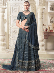 Adorable Teal Blue Thread Work Georgette Function Wear Lehenga Choli