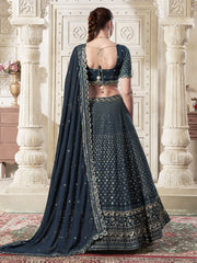 Adorable Teal Blue Thread Work Georgette Function Wear Lehenga Choli