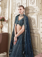 Adorable Teal Blue Thread Work Georgette Function Wear Lehenga Choli