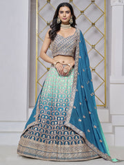 Turquoise Embroidered Chinon Mehndi Lehenga Choli