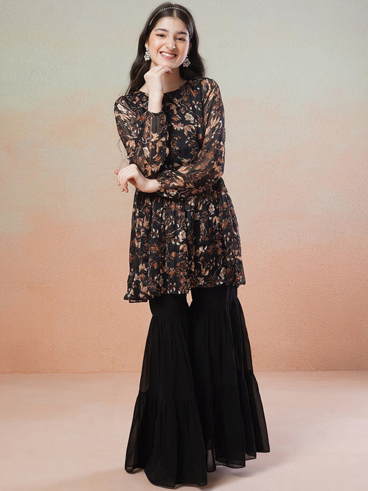 Girls Black Floral Printed Round Neck Empire Satin Kurta with Sharara