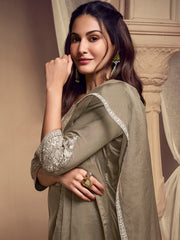 Amyra Dastur Beige Floral Yoke Design Thread Work Pure Silk Straight Kurta with Trousers & Dupatta