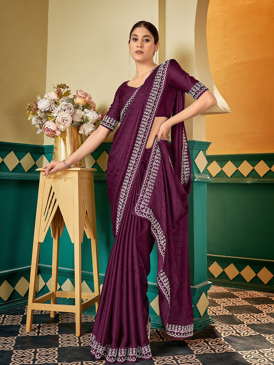 Mauve Embellished Beads and Stones Satin Saree