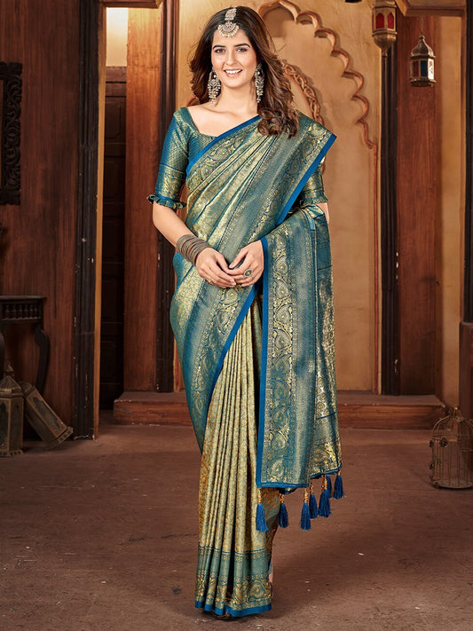 Women Gold Zari Woven Traditional Saree with Ethnic Motive Border