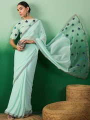 Green Floral Embroidered Saree With Blouse Piece