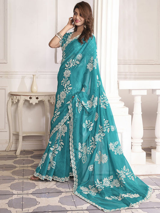 Blue And White Ethnic Motifs Embroidered Organza Saree