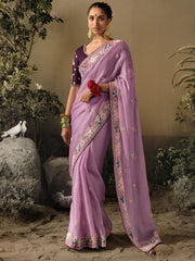 Lilac Pink Khatli Work Embroidered Designer Wedding Saree