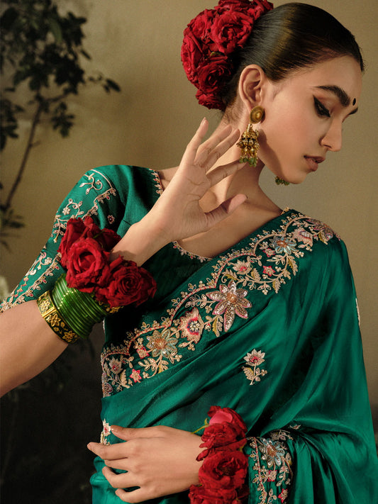 Rama Green Khatli Work Embroidered Designer Wedding Saree