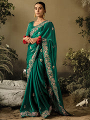 Rama Green Khatli Work Embroidered Designer Wedding Saree