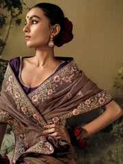 Mauve Taupe Khatli Work Embroidered Designer Wedding Saree