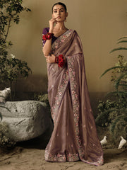 Mauve Taupe Khatli Work Embroidered Designer Wedding Saree