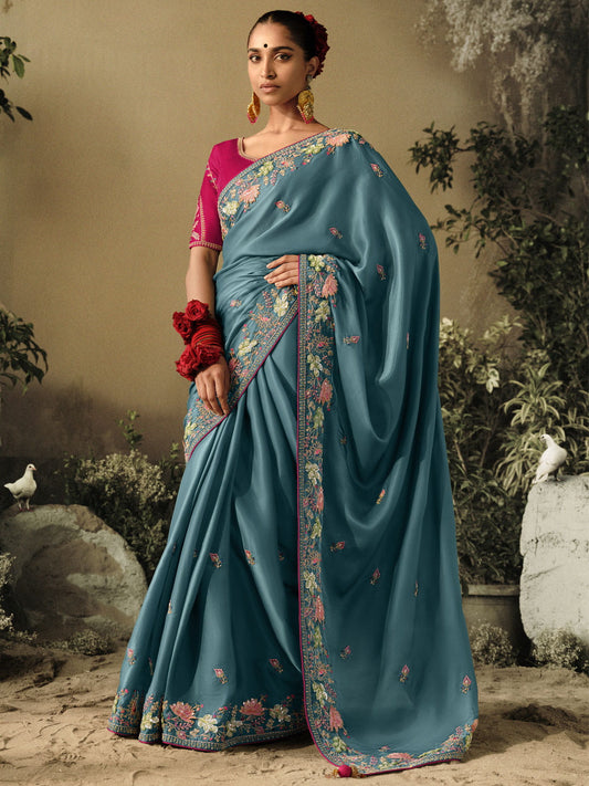 Rama Blue Khatli Work Embroidered Designer Wedding Saree