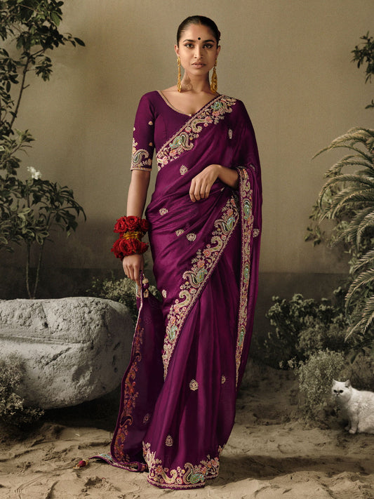 Wine Khatli Work Embroidered Designer Wedding Saree