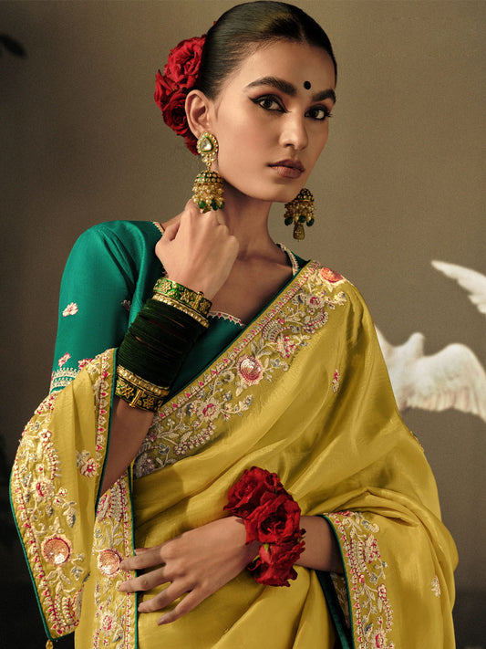 Maize Yellow Khatli Work Embroidered Designer Wedding Saree