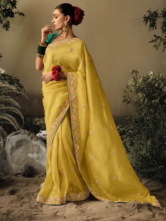 Maize Yellow Khatli Work Embroidered Designer Wedding Saree