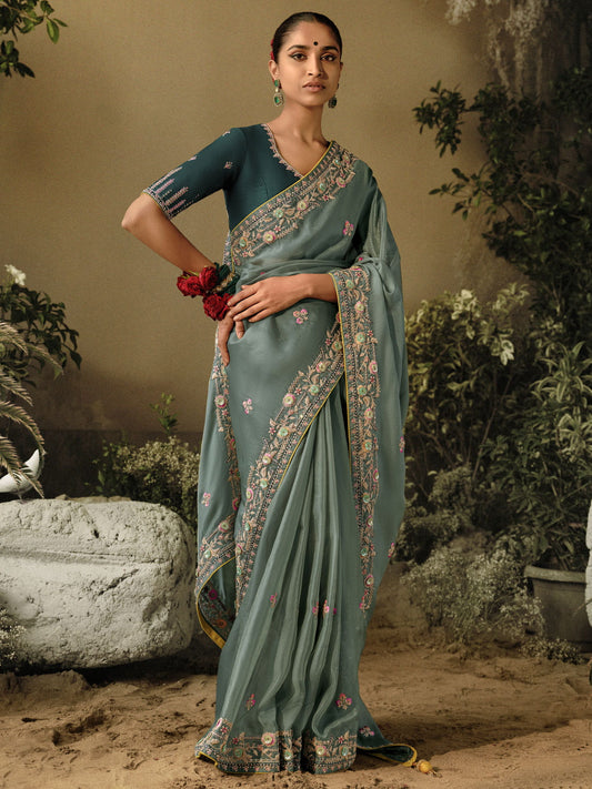 Teal Grey Khatli Work Embroidered Designer Wedding Saree