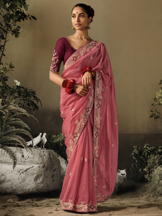 Salmon Pink Khatli Work Embroidered Designer Wedding Saree